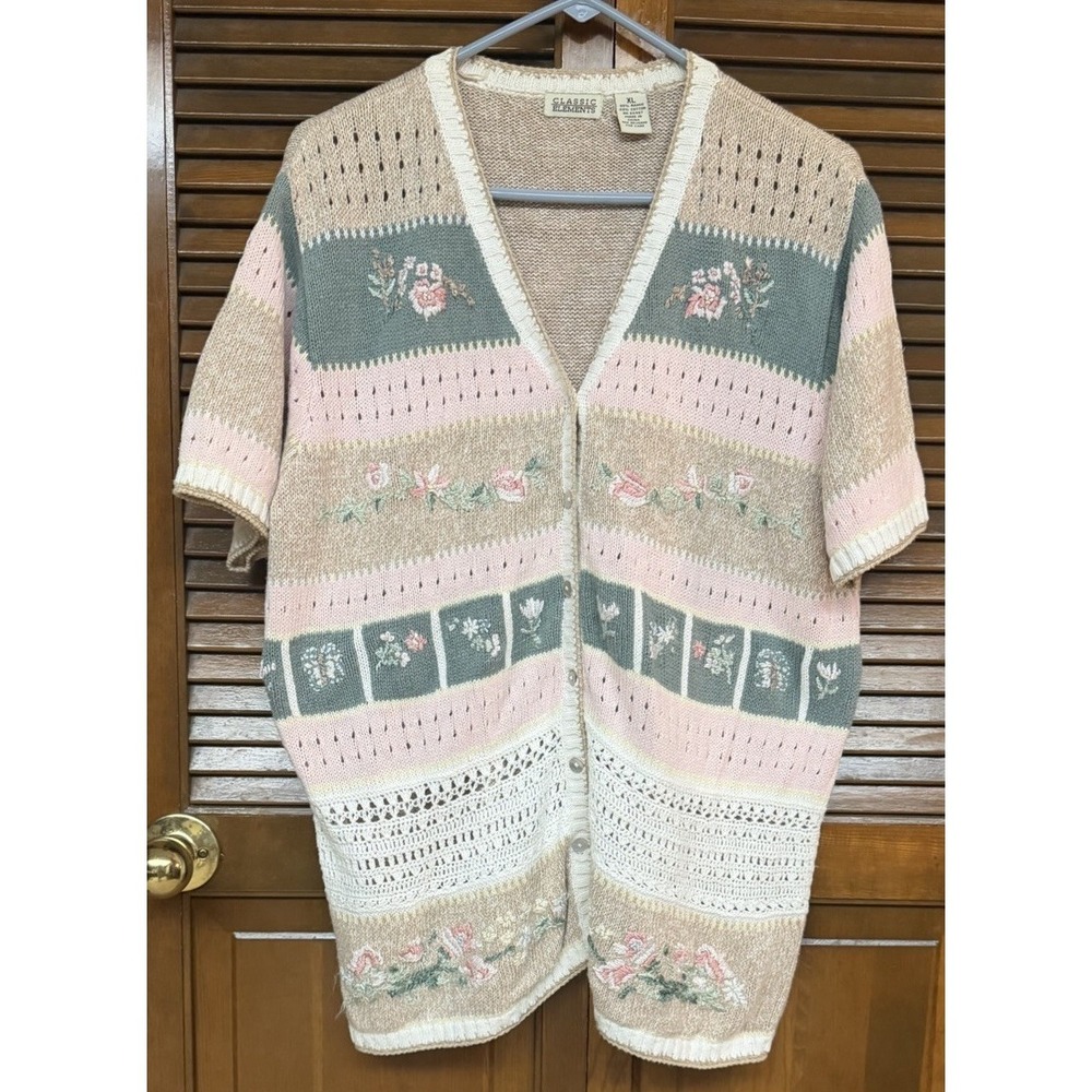 Vintage Classic Elements Cottagecore Floral Knit Cardigan Sweater XL Grannycore - Picture 2 of 5